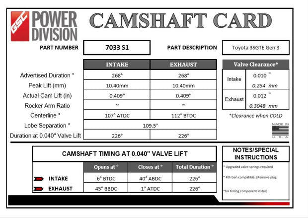 GSC S1 Camshafts - Gen3 / Gen4 / Gen5 3SGTE